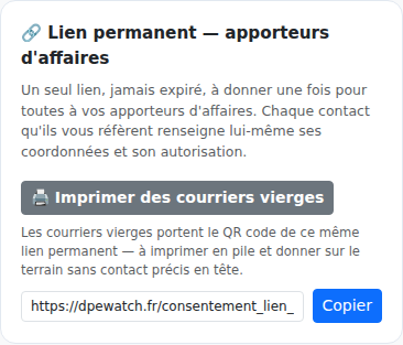 Lien permanent réutilisable pour les apporteurs d'affaires sur DPE Watch